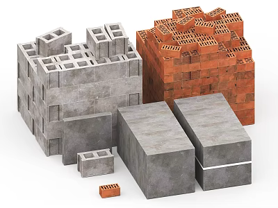 Concrete And Red Brick Floor Tiles In Various Sizes Stacked For Construction 3d model