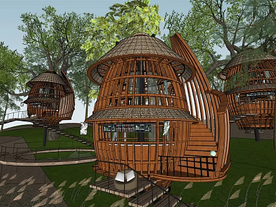 Bamboo Dome Shaped Treehouse Villa With Open Structure And Wooden Stairs In Natural Forest 3d model