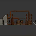 Industrial Building With Large Pipes Circular Yellow Liquid Tanks And Metal Framework
