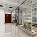 Modern Office Interior With Glass Partitions Desks Computers Office Chairs And Polished Tile Floor