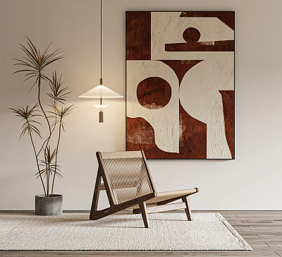 Modern Abstract Painting On Wall With Wooden Chair Pendant Light And Plant In Interior 3d model