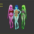 Sculpture Carving Of Three Female Figures With Red Hair And Bikini In Artistic Standing Poses