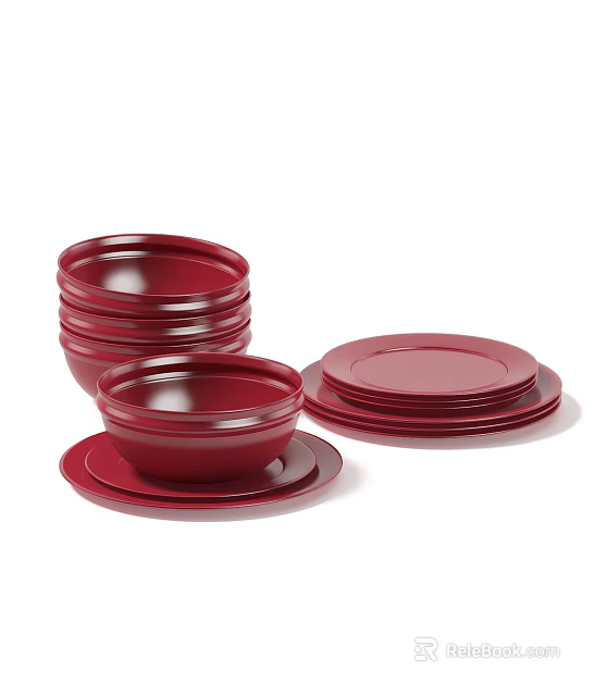 Red Dinnerware Set With Stacked Bowls And Plates For Dining Table Use 3d model