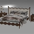Double Bed With Wooden Scalloped Headboard Plush Pillows Cozy Blanket And Nightstands