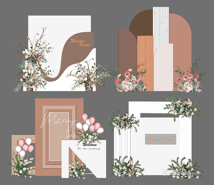 Modern Stylish Floral Display With Decorative Frames Fresh Blooms And Pink Balloons 3d model 