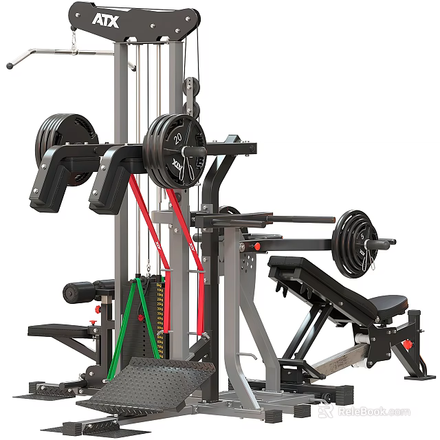 Multi functional Home Gym Fitness Equipment With Weight Plates Adjustable Bench And Colored Cables 3d model 