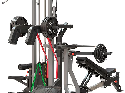 Multi functional Home Gym Fitness Equipment With Weight Plates Adjustable Bench And Colored Cables 3d model