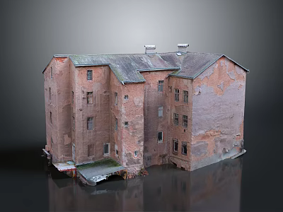 Vintage Red Brick Residential Building With Sloped Roof Chimneys And Multiple Windows 3d model
