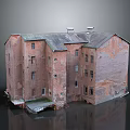 Vintage Red Brick Residential Building With Sloped Roof Chimneys And Multiple Windows