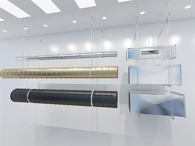 Different Shaped Metal Ducts Hanging in Modern Indoor Display Space 3d model