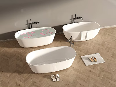 White Freestanding Bathtubs With Petals Faucets And Wooden Floor Slippers 3d model