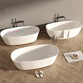 White Freestanding Bathtubs With Petals Faucets And Wooden Floor Slippers