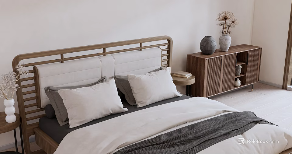 Modern Minimalist Double Bed with Wooden Upholstered Headboard White Gray Pillows and Wooden Nightstand 3d model 