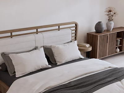 Modern Minimalist Double Bed with Wooden Upholstered Headboard White Gray Pillows and Wooden Nightstand 3d model