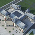 Modern School Building with Clock Tower Twin Towers Spacious Square and Blue Sky White Clouds
