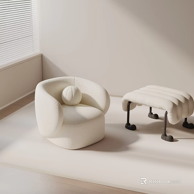 Plush White Round Leisure Chair With Matching Rolling Footstool In Bright Room 3d model 