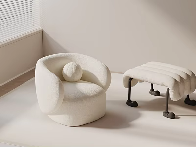 Plush White Round Leisure Chair With Matching Rolling Footstool In Bright Room 3d model