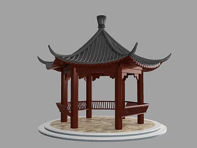 Traditional Chinese Wooden Pavilion With Black Tiled Roof Benches And Circular Stone Base 3d model
