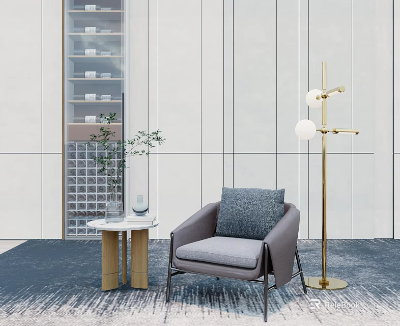 Modern Gray Single Sofa With Side Table Floor Lamp And Blue Rug 3d model