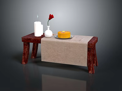 Delicious Layered Cake on Wooden Table with White Candle Vase and Red Rose Linen Tablecloth 3d model