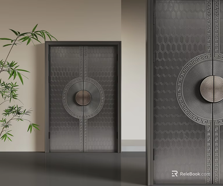 Modern Dark Security Door With Intricate Circular Patterns And Bamboo Plant 3d model