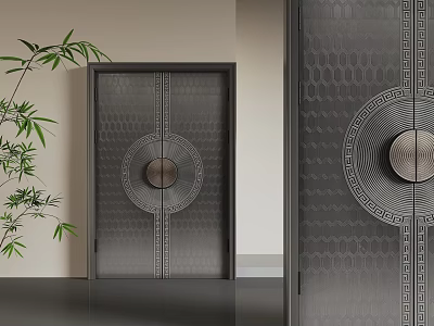 Modern Dark Security Door With Intricate Circular Patterns And Bamboo Plant 3d model