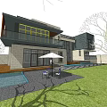 Modern Detached Villa Featuring Glass Facade Open Terrace Lawn And Outdoor Seating Area