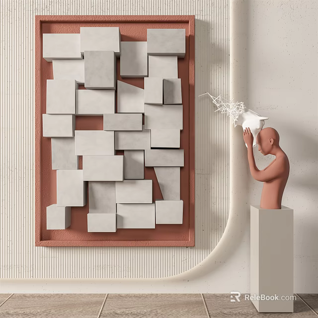 Modern Artistic Wall Decor With Geometric Gray White Blocks And Brown Frame 3d model 
