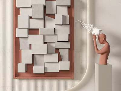Modern Artistic Wall Decor With Geometric Gray White Blocks And Brown Frame 3d model