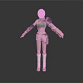 Futuristic Woman With Short Black Hair Green Crop Top Beige Shorts And Mechanical Arm