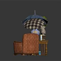 Vintage Indoor Architectural Space With Wooden Table Armchair Decorative Vase Potted Plant And Umbrella