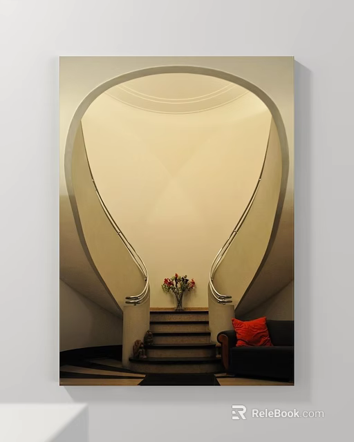 Elegant Landscape Painting With Curved Staircase Flower Vase And Red Cushion Sofa 3d model 