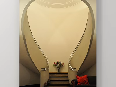 Elegant Landscape Painting With Curved Staircase Flower Vase And Red Cushion Sofa 3d model