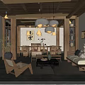 Traditional Chinese Teahouse Interior With Wooden Ceiling Hanging Lamps And Calligraphy Art
