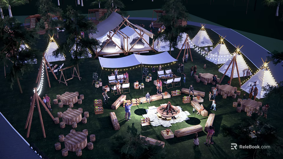 Lively Camping Site With Tents Bonfire Wooden Tables And People Gathering 3d model 
