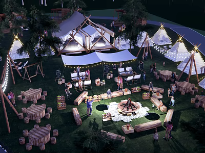 Lively Camping Site With Tents Bonfire Wooden Tables And People Gathering 3d model