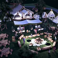 Lively Camping Site With Tents Bonfire Wooden Tables And People Gathering