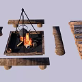 Garden Outdoor Bonfire Setup With Wooden Benches Stacked Firewood And Hanging Kettle