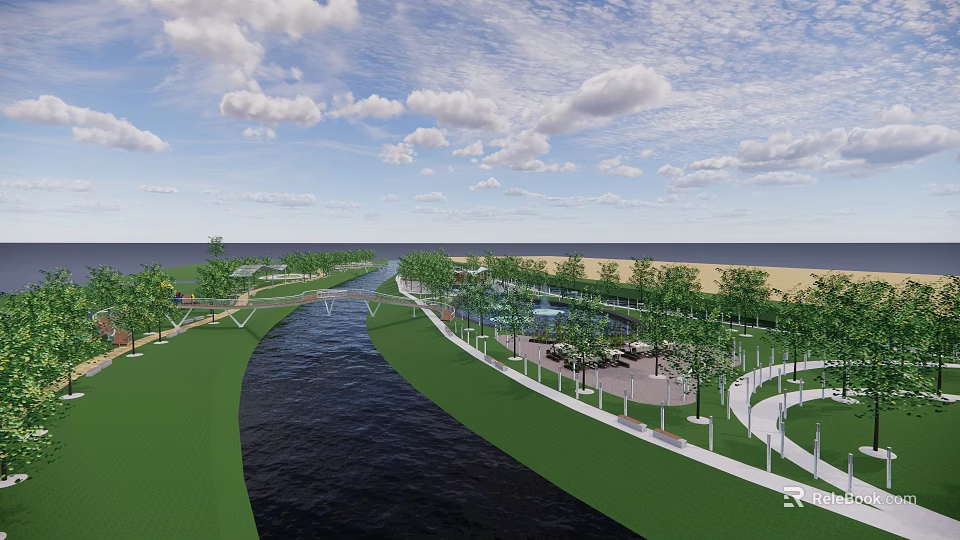 Scenic River Flowing Through Lush Green Park With Trees Cloudy Sky And Sea View 3d model 