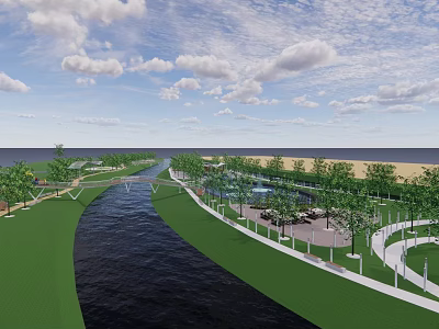 Scenic River Flowing Through Lush Green Park With Trees Cloudy Sky And Sea View 3d model