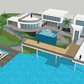 Modern Boutique Hotel Building on Waterfront with Boat Dock Glass Windows Greenery and Steps
