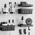 Modern Bathroom Accessories Organized On Wall Shelves With Bottles Towel And Toiletries