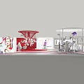 Exhibition Booth Design With Red And White Elements And Circular Display Structures 3d model