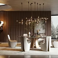 Elegant Modern Restaurant Interior With Wooden Walls Chandelier Round Dining Table And White Chairs