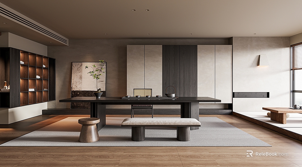 Minimalist Modern Tea Room Interior With Wooden Floor Long Table And Bench 3d model 