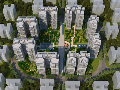 Modern Residential Buildings Complex With Central Garden And Lush Green Surroundings 3d model