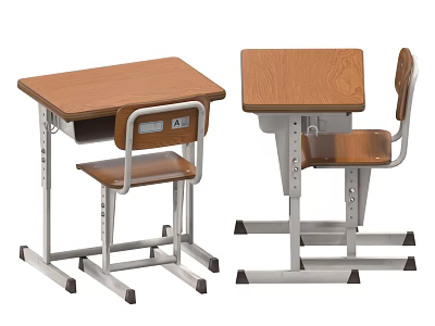 Sturdy Student Desk and Chair Set with Wooden Top and Metal Frame for School Use 3d model
