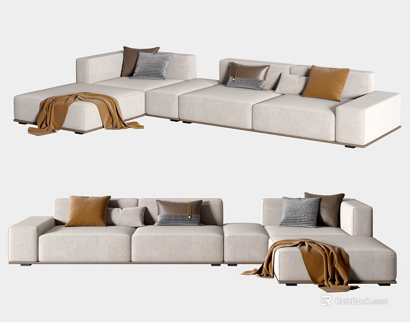 Modular Cream Sectional Sofa With Brown Gray Cushions And Throw Blanket 3d model