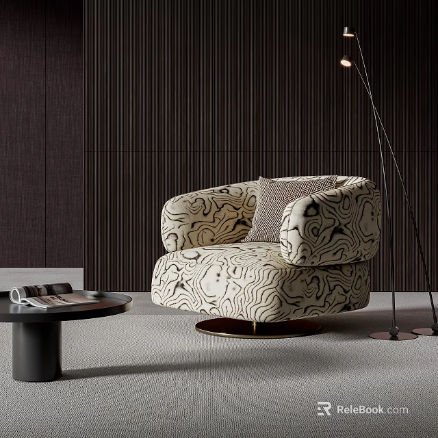 Swirl Pattern Accent Chair With Beige Black Upholstery Floor Lamp And Side Table 3d model 