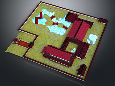 Traditional Architectural Layout With Red Roofs Green Lawns And Water Features 3d model
